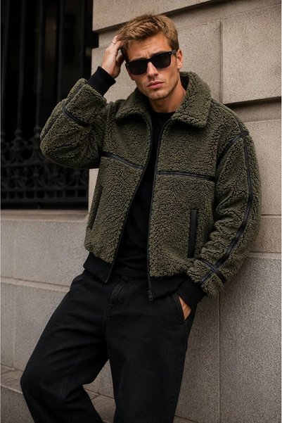 MADZEYMODA Erkek Deri Biyeli Haki Peluş Mont LS-86074