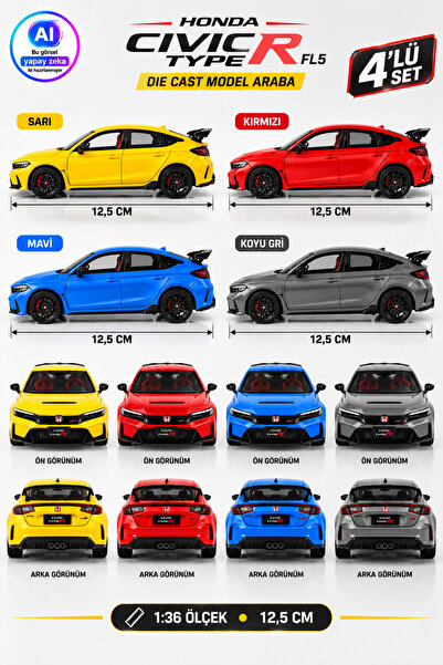 YILDIRIM OYUNCAK Die Cast Honda Civic Type R FL5 Model Araba 4’lü Set 12,5 cm – 1:36 Ölçek Metal Açılır Ön Kapılı Çek Bırak Araba