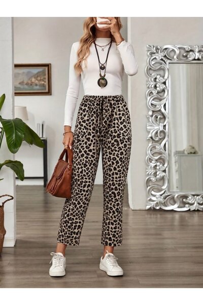Şeker Portakalım Women's high waist lace up leopard print modal pants