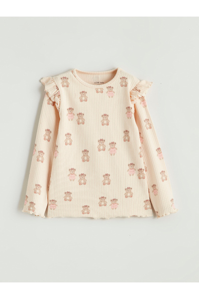 LC Waikiki Tricou de fetițe cu guler rotund și imprimeu cu ursuleț