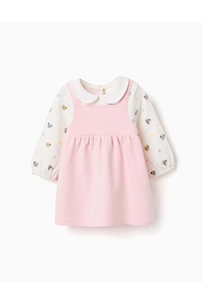 Ziddy Long Sleeve Brushed Dress With Minnie For Newborn Girls, White/Pink