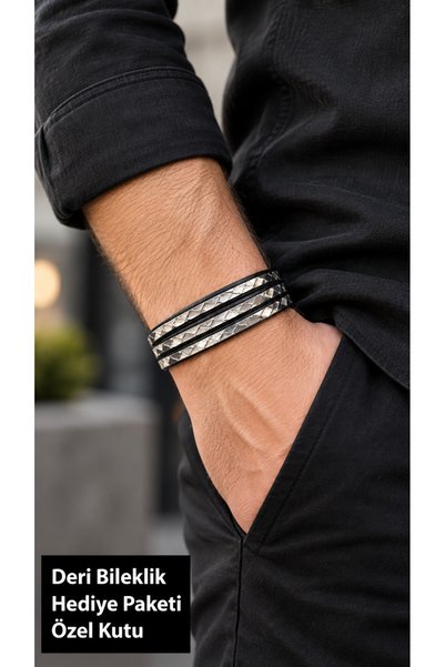 HER ŞEY NOTA www.herseynota.com Orcavio Steel Black Leather Men's Bracelet - ...
