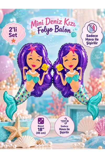 Parti Dükkanı Mini Mermaid 2-Piece Foil Balloon Set 18 Inch – Mermaid Themed Birthday Party Balloon