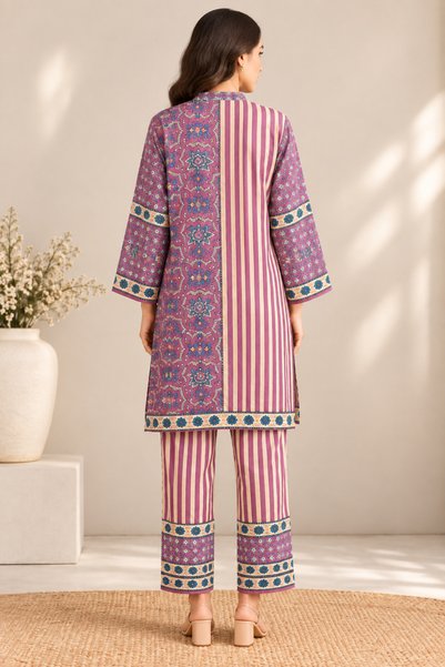 Devoiler Women’s Purple & Beige Mixed Print 2-Piece Co-Ord Set with Straight Pants