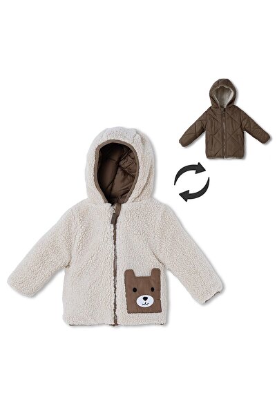 Midimod Erkek Bebek Mont Ayı Baskılı Fermuarlı Kapüşonlu Long Sleeve