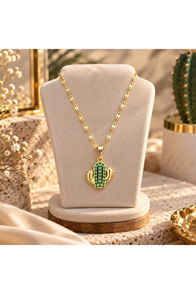 Liacharm Gold Women's Necklace with Green Zircon Stone Detail and Cactus Figure