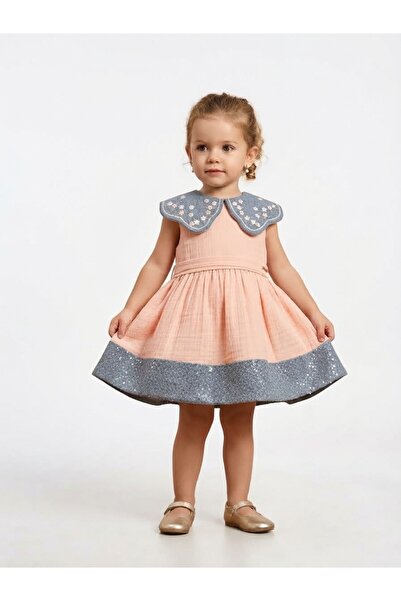Top Kids Girls' Sleeveless Dress with a Wide Collar and Embroidery in Light A...