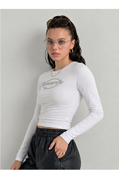 NİCE Women's Reserve Written Stone Print - Lycra Long Sleeve Body Tee Crop