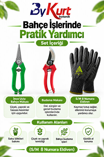 ByKurt Bahçe Bakım Seti Üçlü Budama Makası Hasat Makası Eldiven S/M 3 Parça