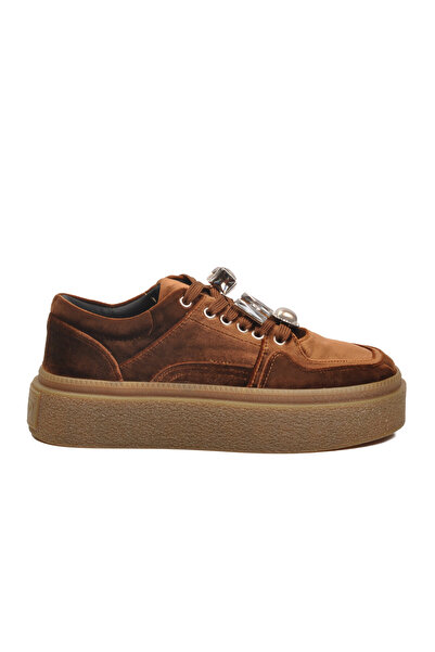 Guja Kahve Nubuk Bağcıklı Kalın Tabanlı Taş Detaylı Kadın Casual Sneaker Ayak...