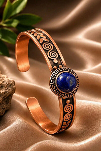 OSMANLI GÜMÜŞ Women's Copper Bracelet Handcrafted Pure Copper with Lapis Natu...