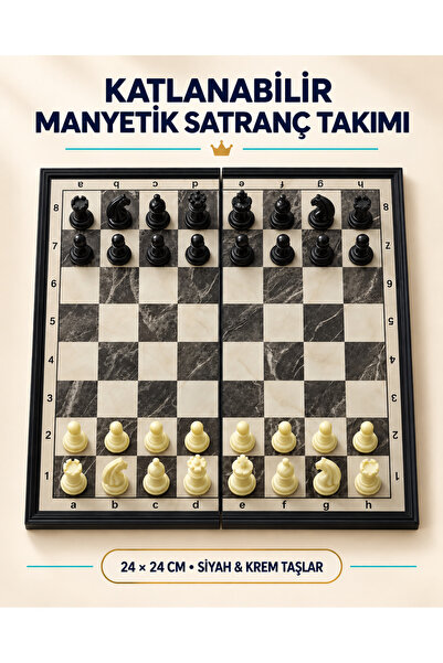 METTREND 24x24 cm Katlanabilir Mıknatıslı Satranç Takımı Siyah Krem Taşlı Sey...