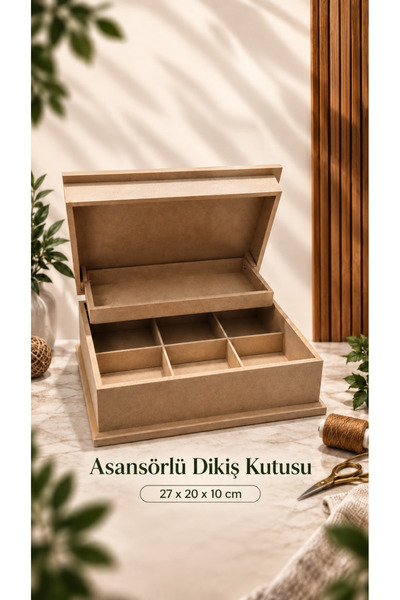 Eymen Hobi Asansörlü Dikiş Kutusu 27x20x10 cm Ham MDF