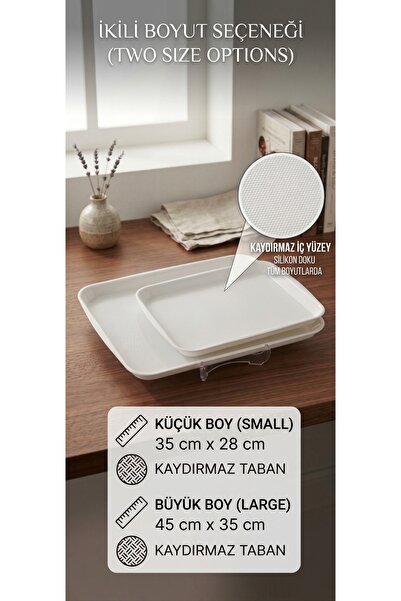 KAPLANBABA 2'li Set Silikon Dokulu Kaydırmaz Tabanlı Beyaz Plastik Sunum Teps...
