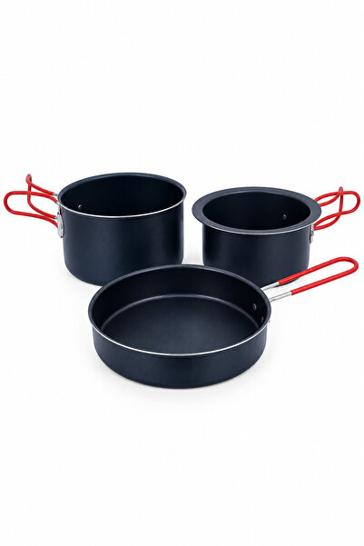 Binbirreyon 3 Parça Çelik Kamp Yemek Seti Katlanır Silikon Saplı 12-14-16cm RB291