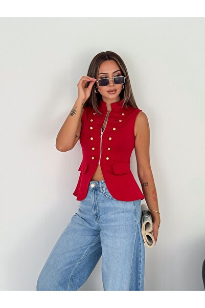 gozdefashion Kadın Fermuarlı Apolet Detaylı Ceket