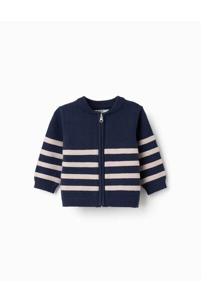 Ziddy Striped Knitted Cardigan For Newborn Boys, Navy Blue/Beige