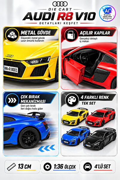 YILDIRIM OYUNCAK Die Cast Audi R8 V10 Model Araba 4’lü Set 13cm – 1:36 Ölçek Metal Gövdeli Açılır Kapılı Çek Bırak Araba