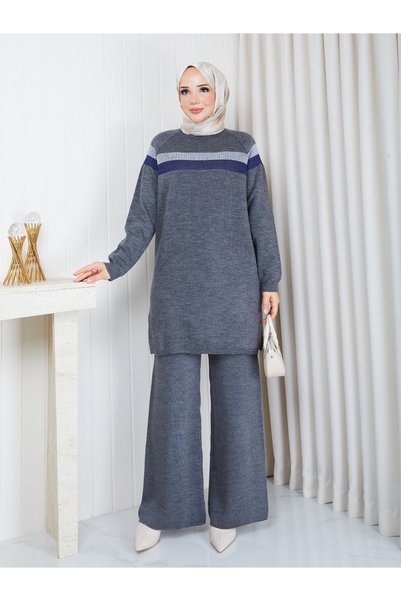 BisuModa Knitted Glitter Striped Knitwear Tunic Pants Set