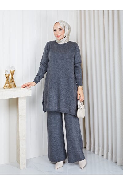 BisuModa Sim İp Detaylı Triko Pantolon Tunik Takım