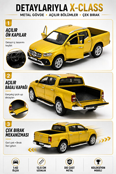 YILDIRIM OYUNCAK Die Cast Mercedes-Benz X-Class Pick-Up 4’lü Set 12,5 cm – 1:42 Ölçek Metal Açılır Kapılı Arka Kasalı Çek Bırak Model Araba