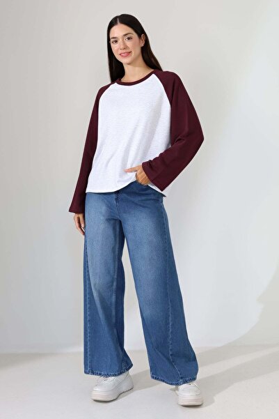 ModaPlaza Kadın 3 İp Reglan Uzun Kol Salaş Sweatshirt 22401