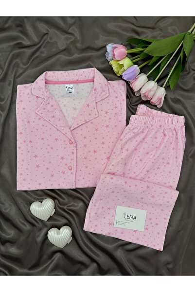 Lena Homewears Kadın Pembe Yıldız Desenli Düğmeli Uzun Kollu Termosoft Pijama...
