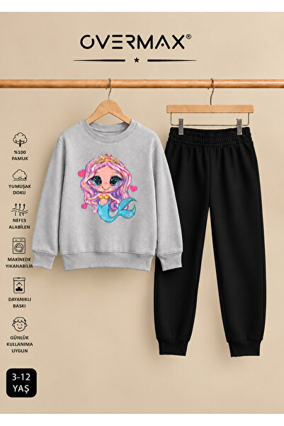 OVERMAX Mermaid Printed Hoodless Sweatshirt Tracksuit Set – Ages 3-12