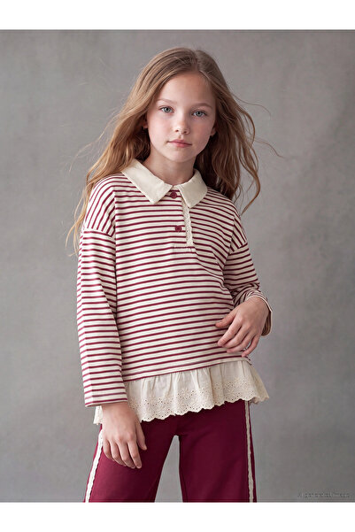 LC Waikiki Lcw Kids Burgundy Polo Collar Striped Girls' Set