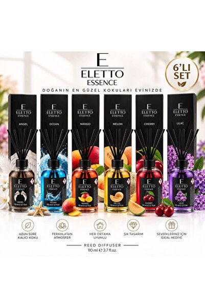ELETTO 6’lı Çubuklu Oda Kokusu Seti – Angel, Ocean, Mango, Melon, Cherry, Lil...