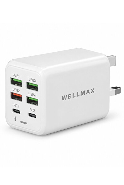 Wellmax WMAX WCH34 60W 6-Port Super Fast Charger, 4×USB-A & 2×USB-C PD Ports,...