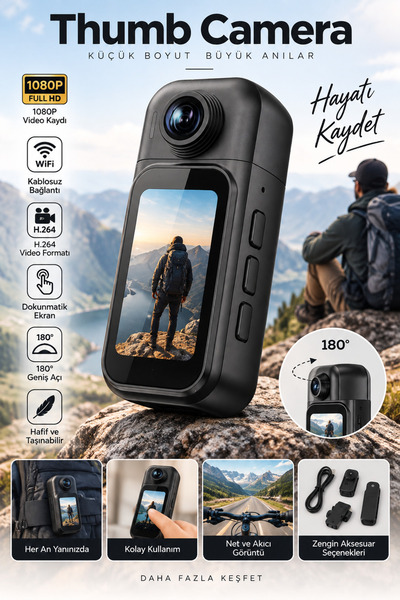TECHNOMEN 1080P Full HD WiFi Mini Aksiyon Kamerası Dokunmatik Ekranlı 180° Dö...