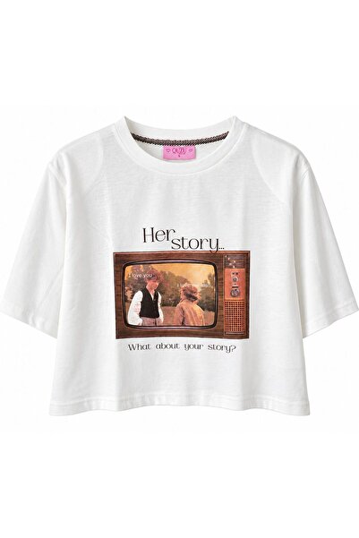 Quzu Vatkalı Tv Basklı Crop T-Shirt