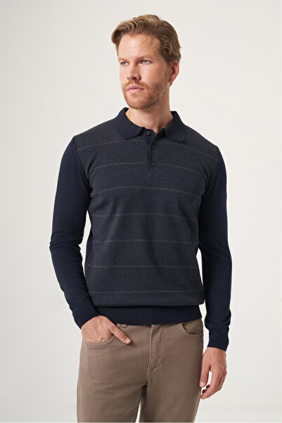 İmza Navy Blue-Fume Polo Collar Long Sleeve Knitted Comfort Fit Cotton Knitwe...
