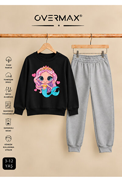 OVERMAX Mermaid Printed Hoodless Sweatshirt Tracksuit Set – Ages 3-12