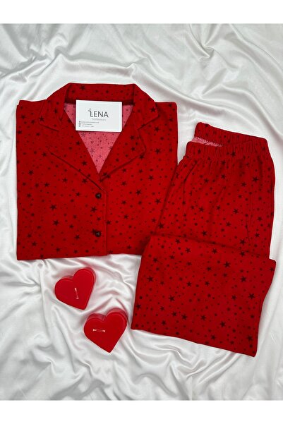 Lena Homewears Kadın Yıldız Desenli Düğmeli Uzun Kollu Termosoft Pijama Takımı