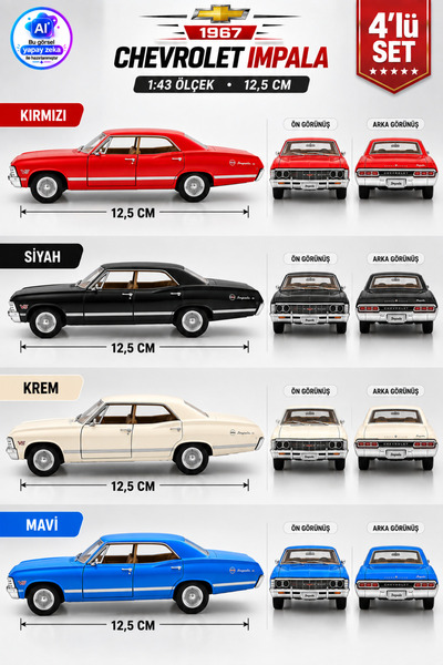 YILDIRIM OYUNCAK Die Cast 1967 Chevrolet Impala Model Araba 4’lü Set 12,5cm – 1:43 Ölçek Metal Gövdeli Açılır Kapılı Çek Bırak Klasik Araba