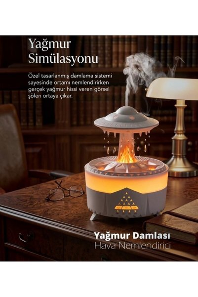 lstri YAĞMUR DAMLASI UFO NEMLENDİRİCİ AROMATERAPİ DİFÜZÖRÜ 7 RENKLİ LEDLİ IŞIK BUHAR MAKİNE & KOKU GİDERİCİ SESSİZ & ZAMANLAYICI