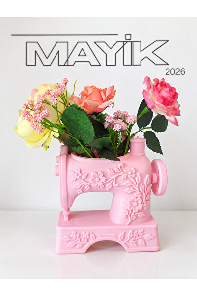 MAYİK2026 Dikiş Makinesi Tasarımlı Çiçek Desenli Dekoratif Vazo