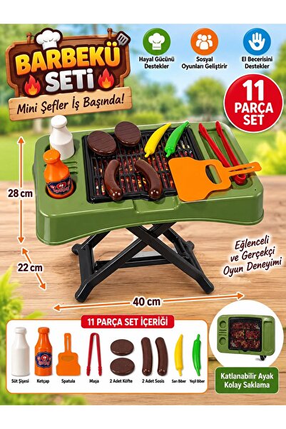 BYCEGU 11 Parça Çocuk Oyuncak Barbekü Mangal Seti Katlanabilir Ayaklı Izgara ...
