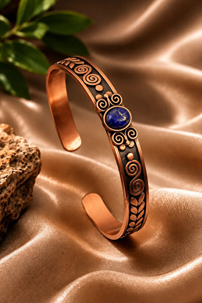 OSMANLI GÜMÜŞ Women's Copper Bracelet Handcrafted Pure Copper Oval Lapis Natu...