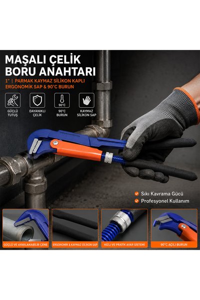 ulupazarlama 1 inç Çelik Boru Anahtarı (Silikon Saplı, 90° Maşalı)
