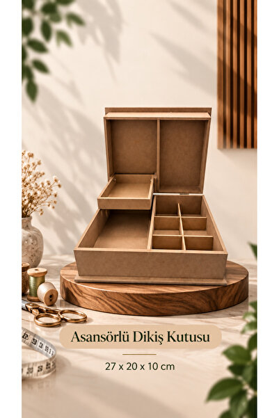 Eymen Hobi Asansörlü Dikiş Kutusu – 27x20x10 cm Ham MDF