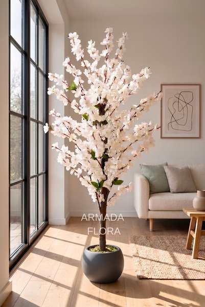 Armada Flora Premium Yapay Beyaz Bahar Dalı Ağacı 140 cm 27x33 Küre Saksılı