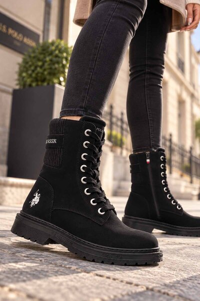 U.S. Polo Assn. Γυναικείες μαύρες μακριές μπότες με κορδόνια και φερμουάρ, με...