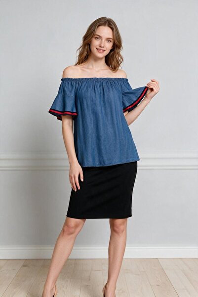 OEM Bluza din tencel tip denim pentru femei, fara umeri cu elastic si benzi t...