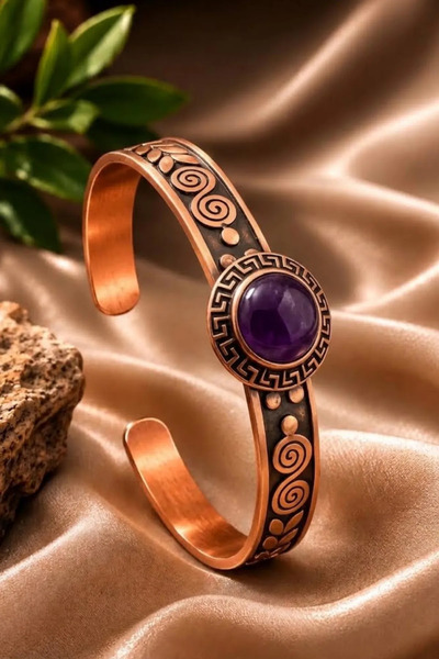 OSMANLI GÜMÜŞ Women's Copper Bracelet Handcrafted Pure Copper Amethyst Natura...