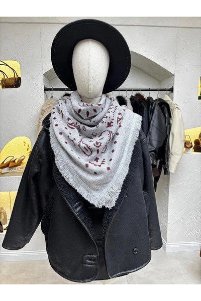 liya butik Gri Bordo Etnik Desen Kare Şal