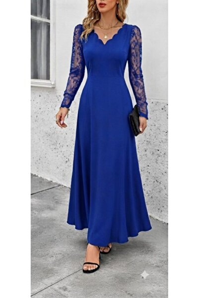 MODA ŞEHRİ Women's long sleeve wavy v-neck ruched long janjan crepe dress