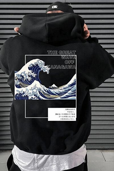 K KOZZ STYLE Unisex 3 Thread Cotton Black Kanagawa Loose Fit Φούτερ με κουκούλα